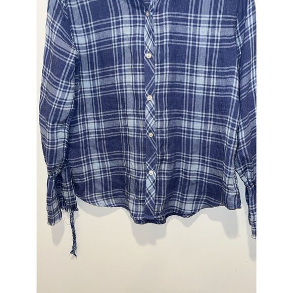 rails sky blue linen blend plaid button down top flowy frayed hem sleeve size XS - Picture 3 of 10